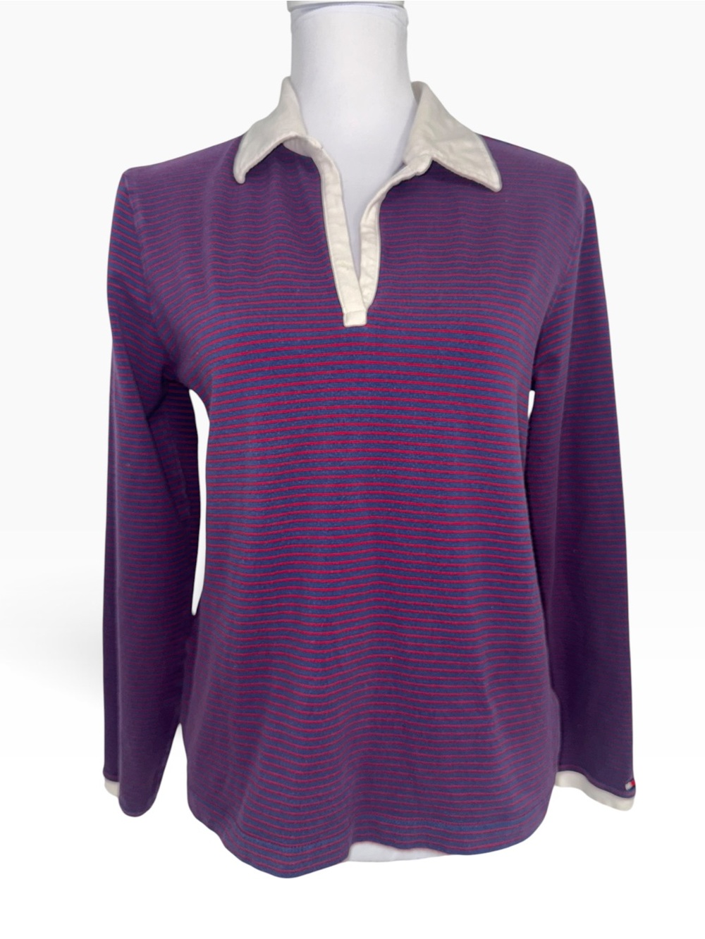 Tommy Hilfiger Jeans Women’s Large Blue Red Stripe Rugby Polo Shirt Long Sleeve
